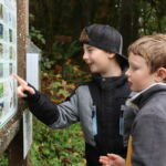Students examine the Land Trust's interpretive sign at Valley View Forest.
